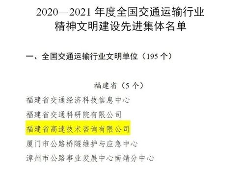 福建高速技術咨詢公司榮獲全國交通運輸行業(yè)精神文明建設先進集體榮譽稱號